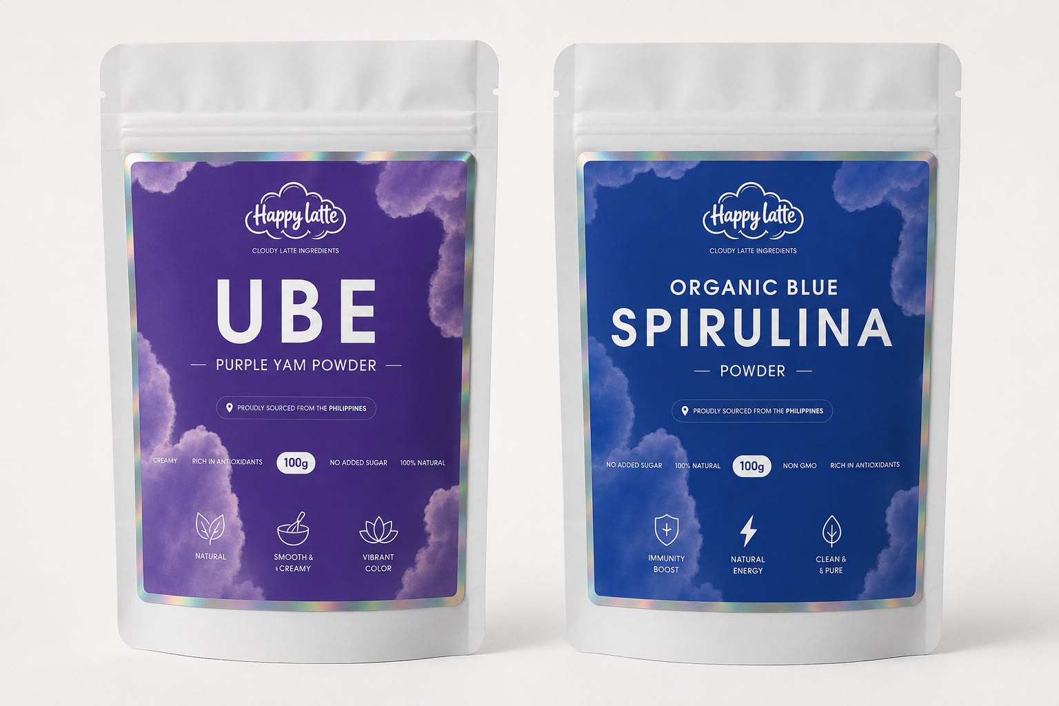 Happy Latte Ube a modrá spirulina produkty
