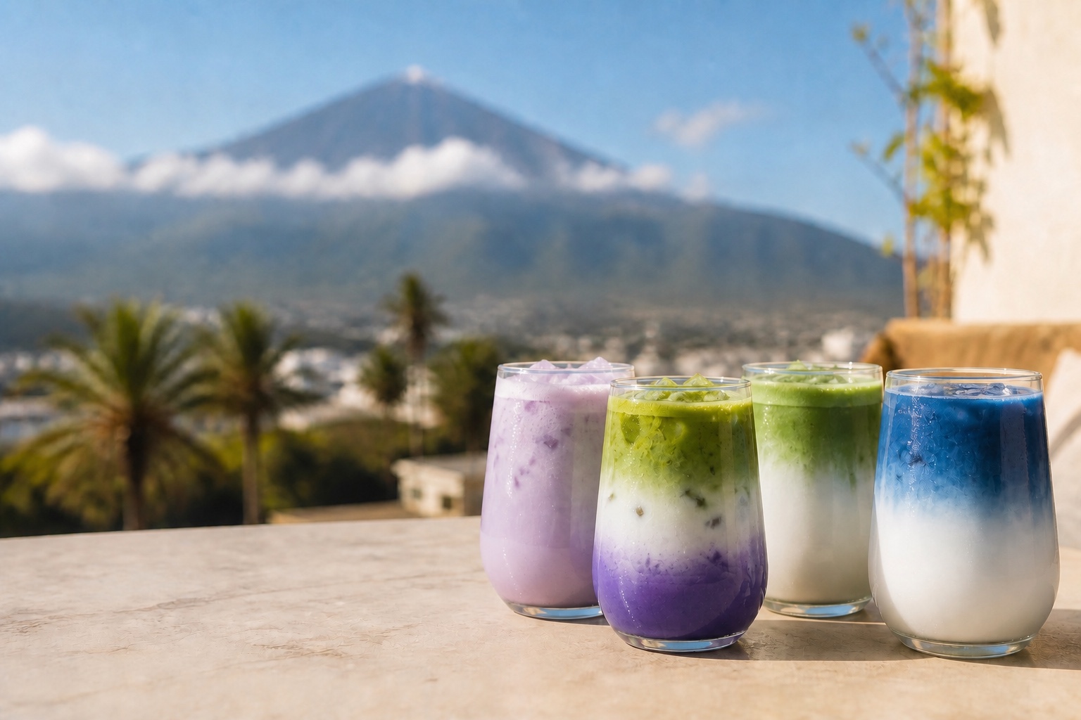 Ube, matcha a modrá spirulina latte s ostrovnou atmosférou