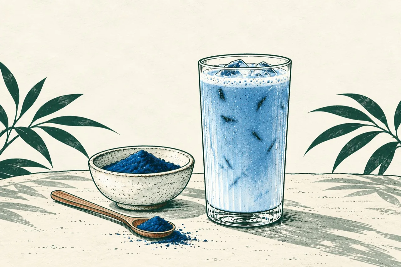Latte frío de espirulina azul con un tono azul natural