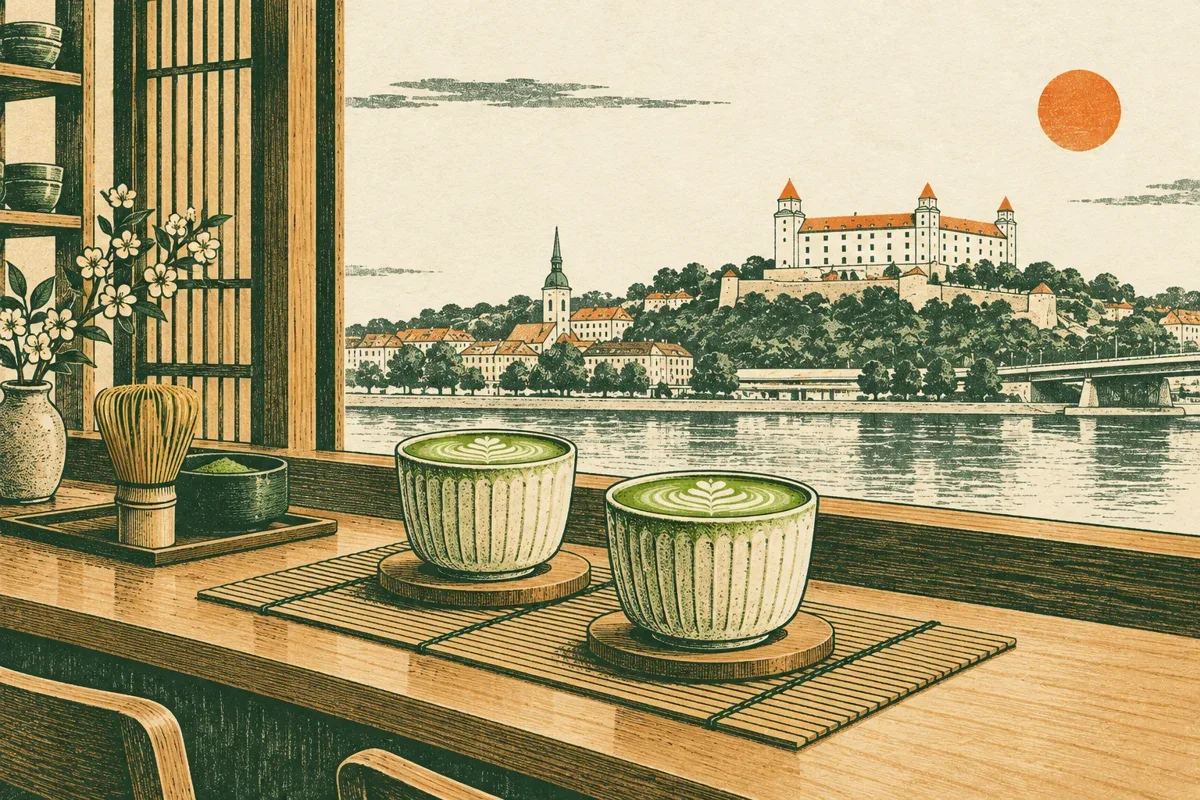 Ilustración de matcha latte en una cafetería con vistas a Bratislava