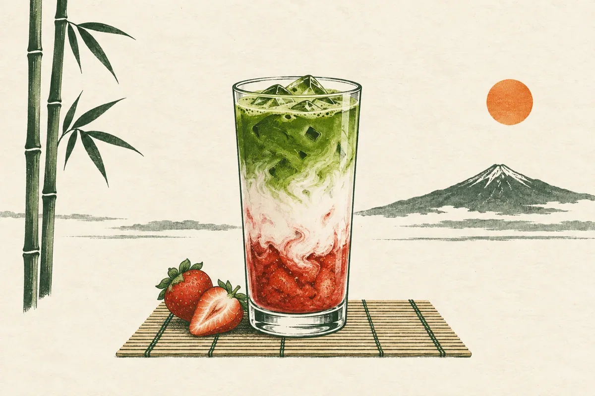 Matcha latte con fresa ilustrado