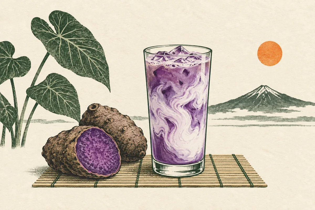 Ilustración de ñame morado ube y un ube latte