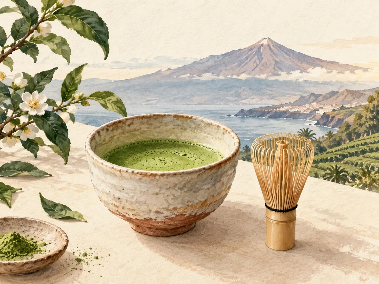 Illustration of matcha, a bamboo chasen and Mount Teide in Tenerife
