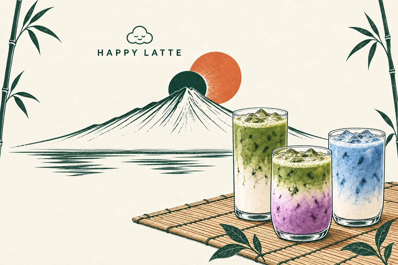 Ilustración minimalista del Teide con matcha ceremonial verde claro, ube y Blue Spirulina