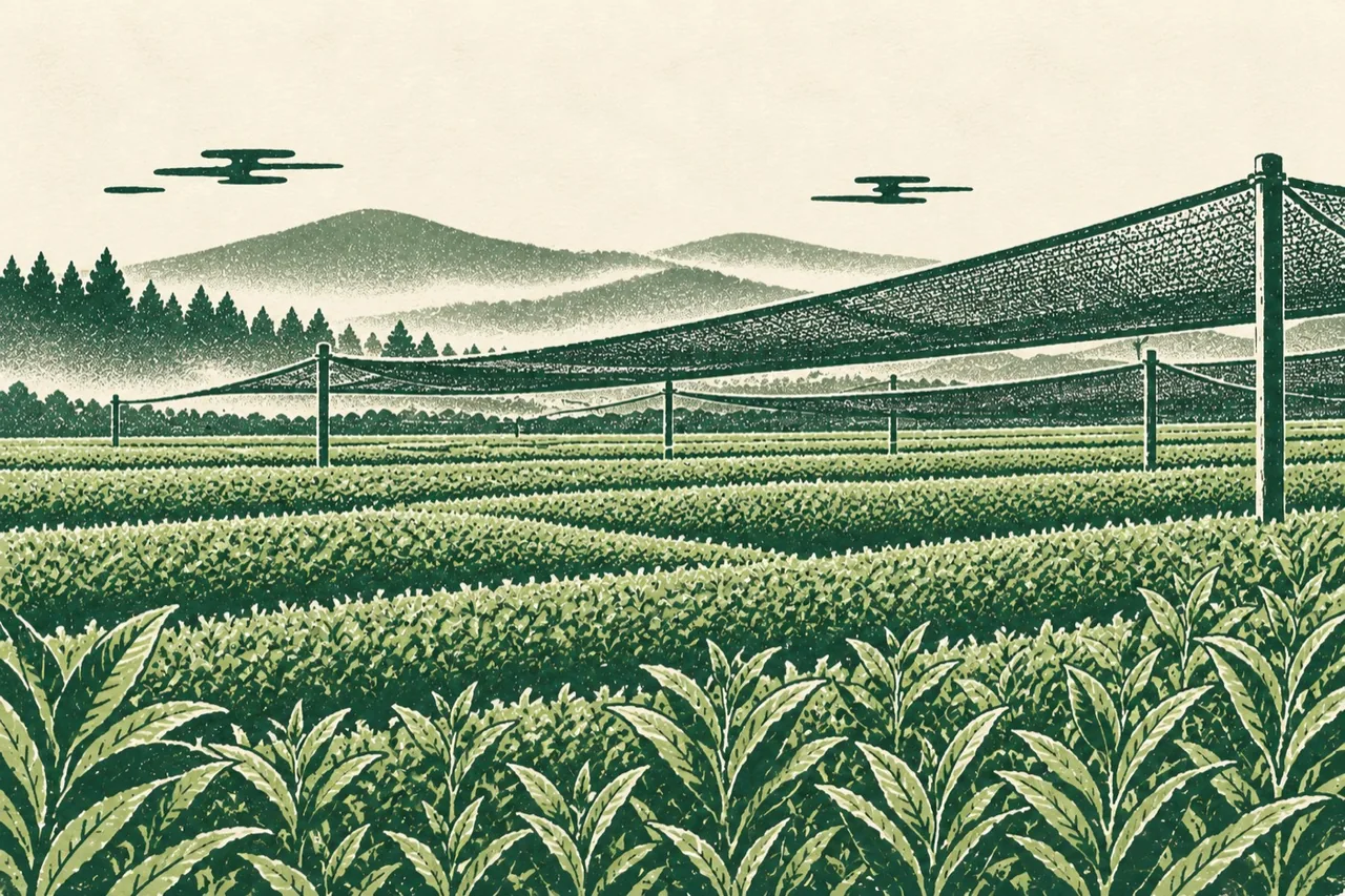 Ilustración de una finca japonesa de matcha