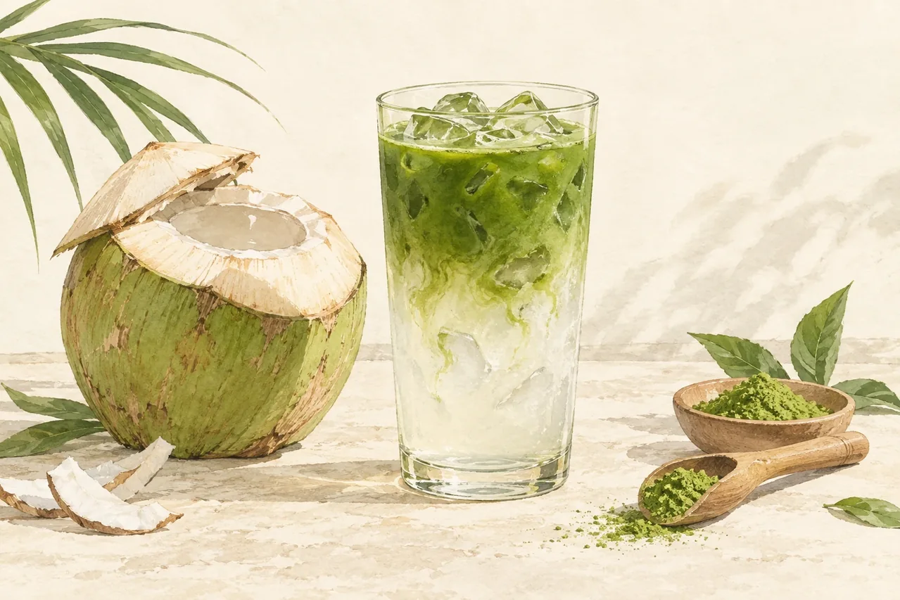Bebida ilustrada de matcha con agua de coco