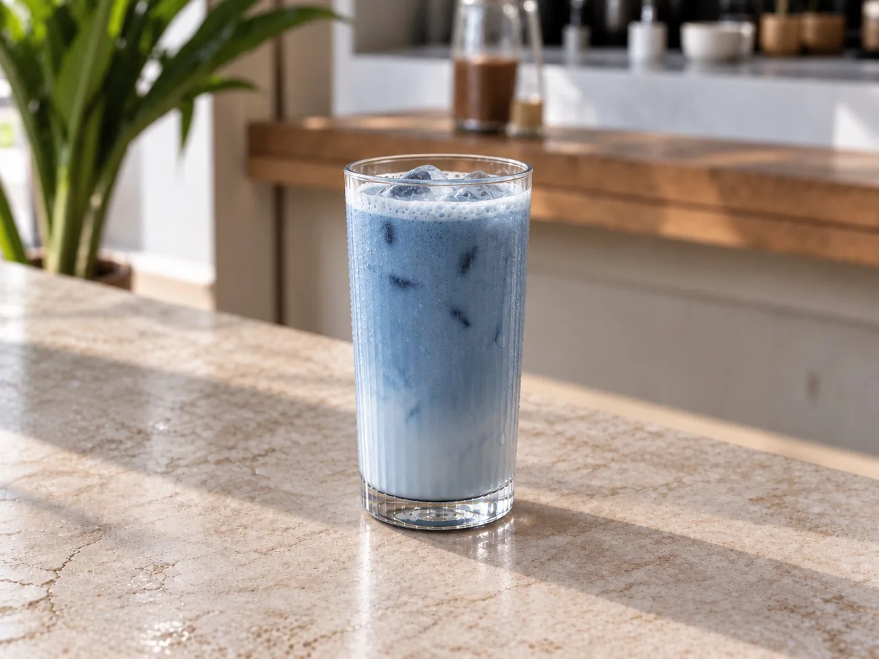 Latte frío de espirulina azul con un tono azul natural
