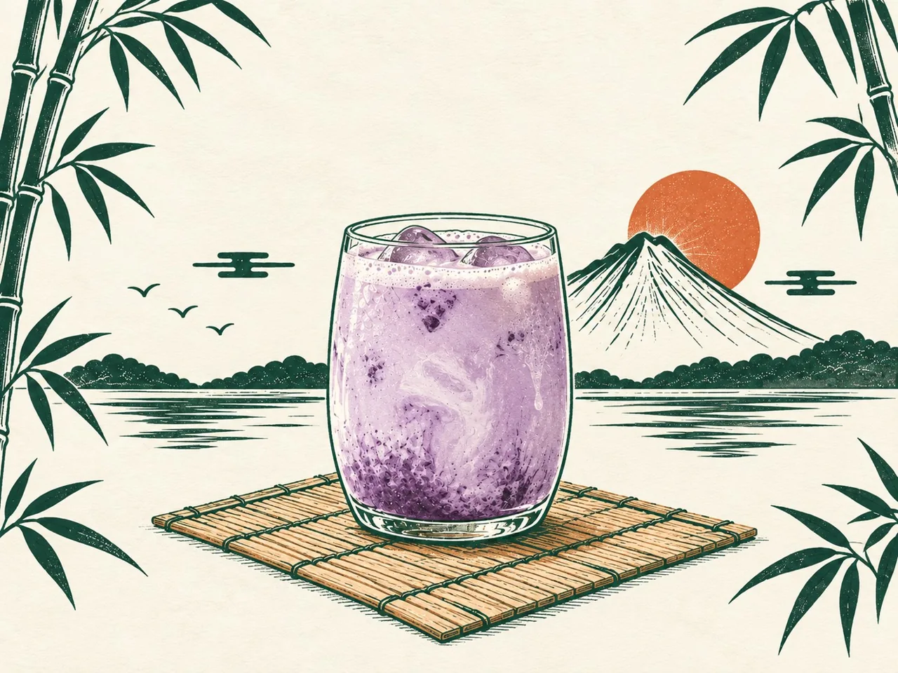 Ube latte frío preparado con una cremosa mezcla de ube filipino