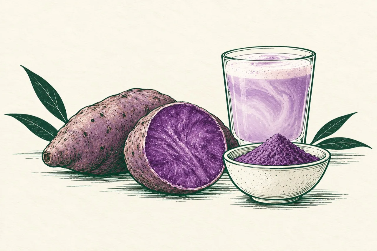 Ube latte frío preparado con una cremosa mezcla de ube filipino