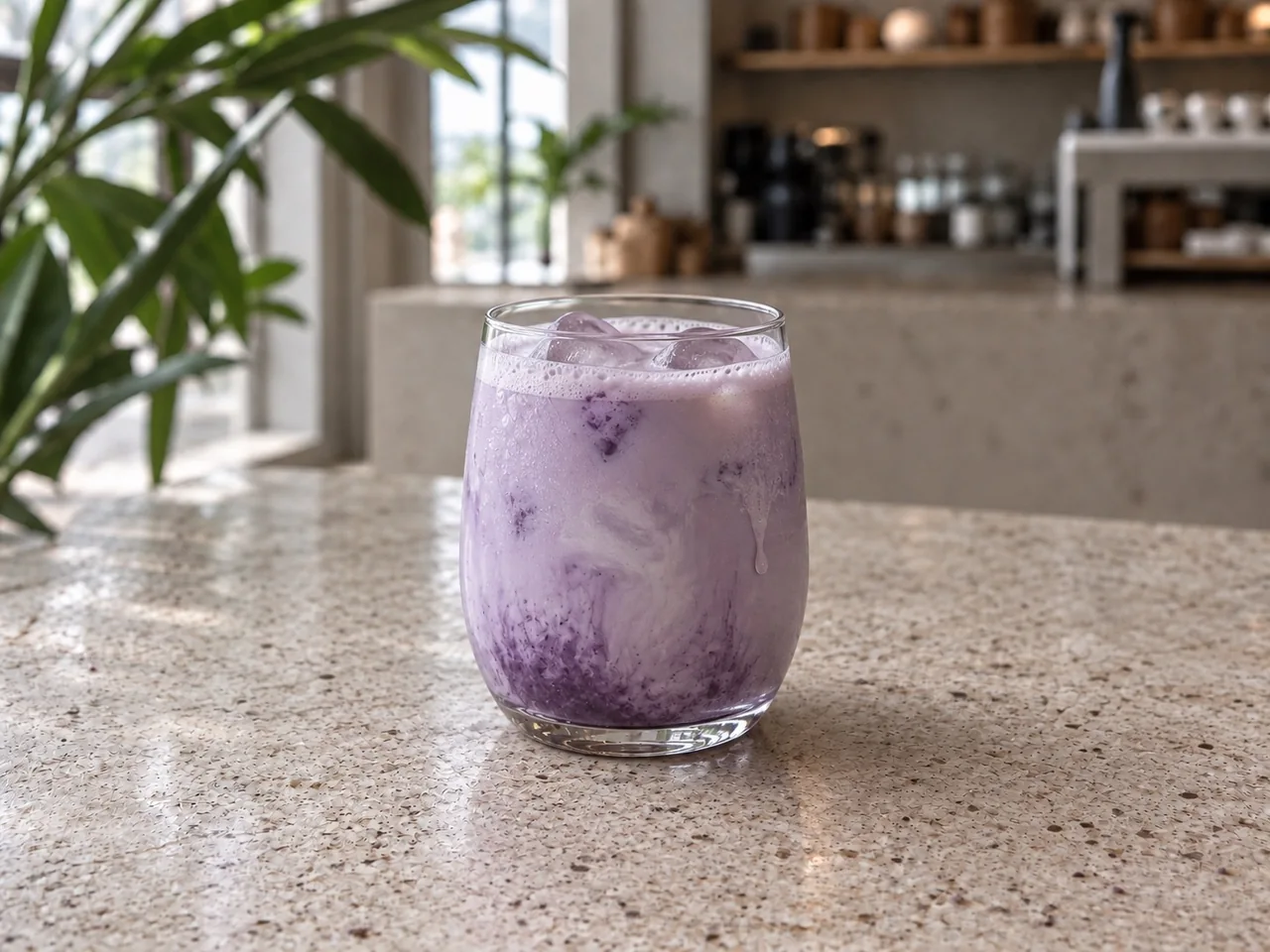 Ube latte frío preparado con una cremosa mezcla de ube filipino